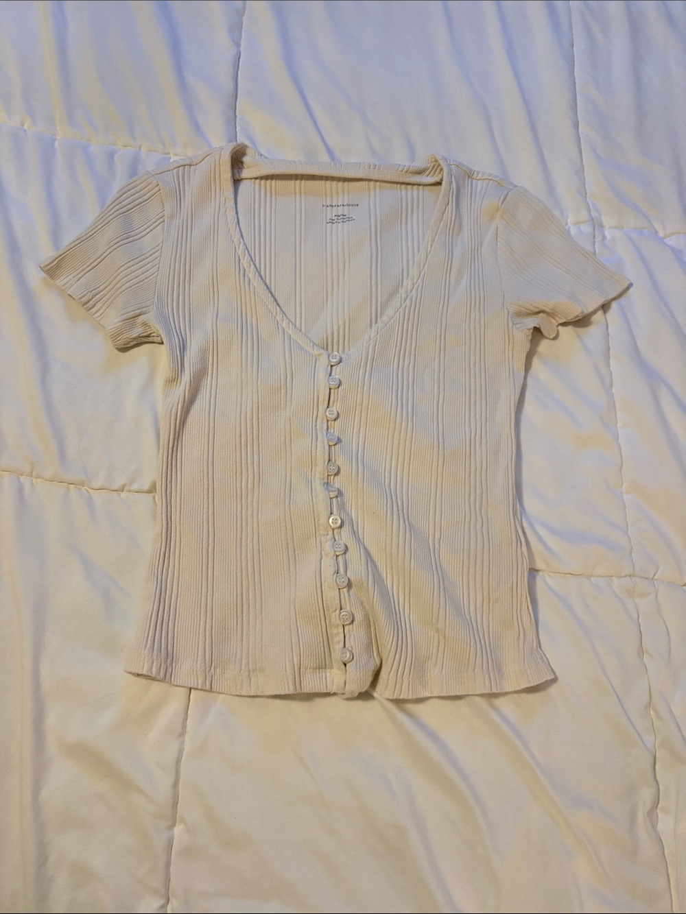 Anthropologie white short sleeve ribbed button down top